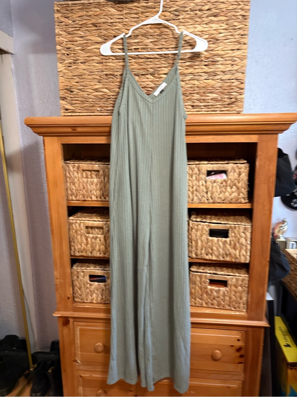 WinWin Lightweight Ribbed V-Neck Jumpsuit in Sage Green
